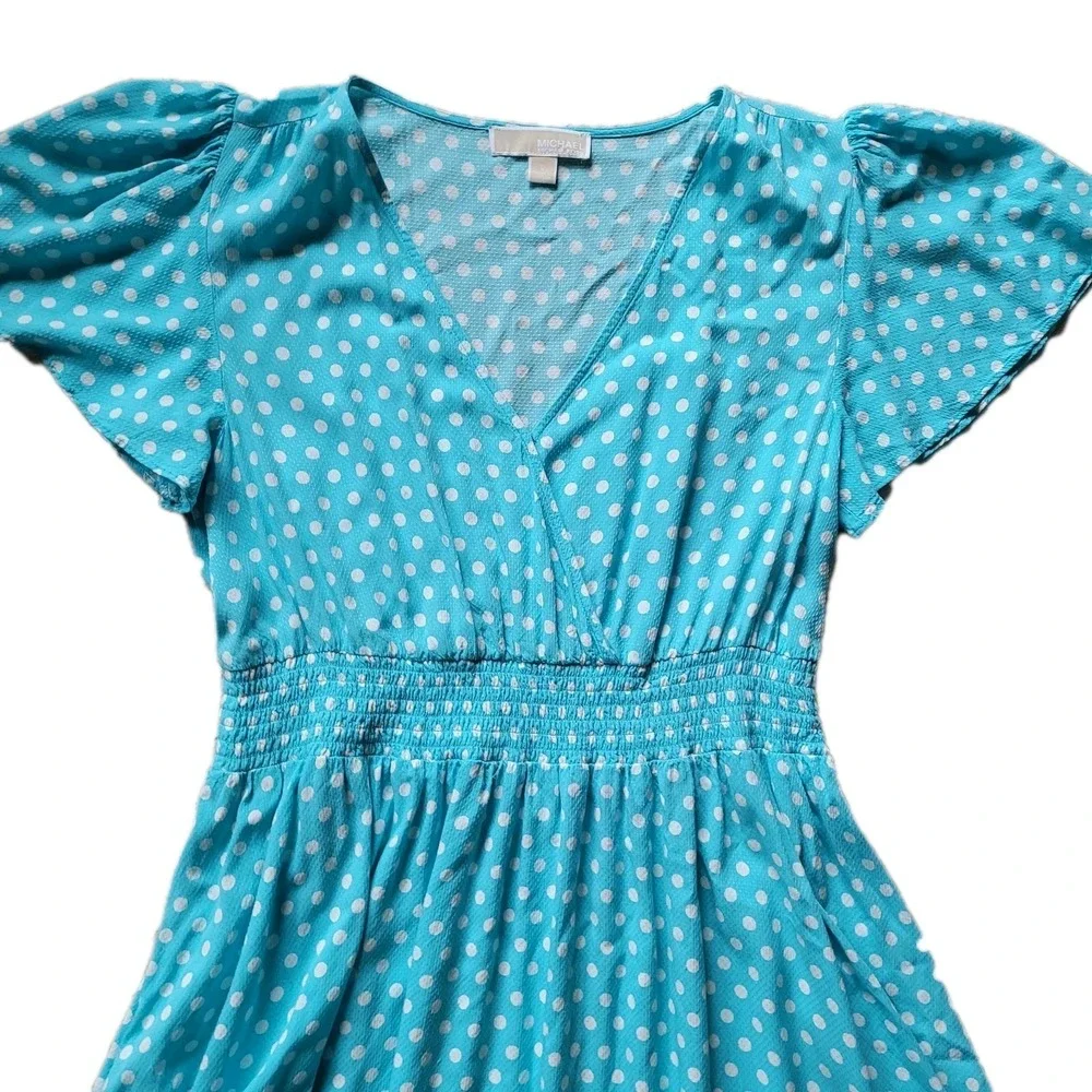 Michael Kors‎ Sky Blue Polka Dot Smocked Waist Midi Dress Large Romantic Pin Up